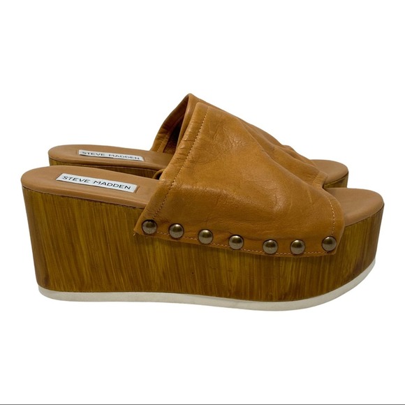 Steve Madden Shoes - Steve Madden Leahh Brown Leather Platform Slides Studded Leather Made In Italy 8